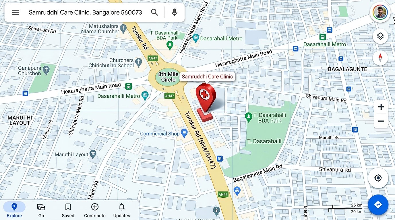Samruddhi Care Clinic Location Map - 8th Mile Circle, Tumkur NH4 Road, Bangalore 560073